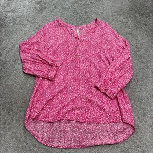 Grand & Greene Hi-Low Blouse Womens XL Pink Geometric V-Neck Long Sleeve Top